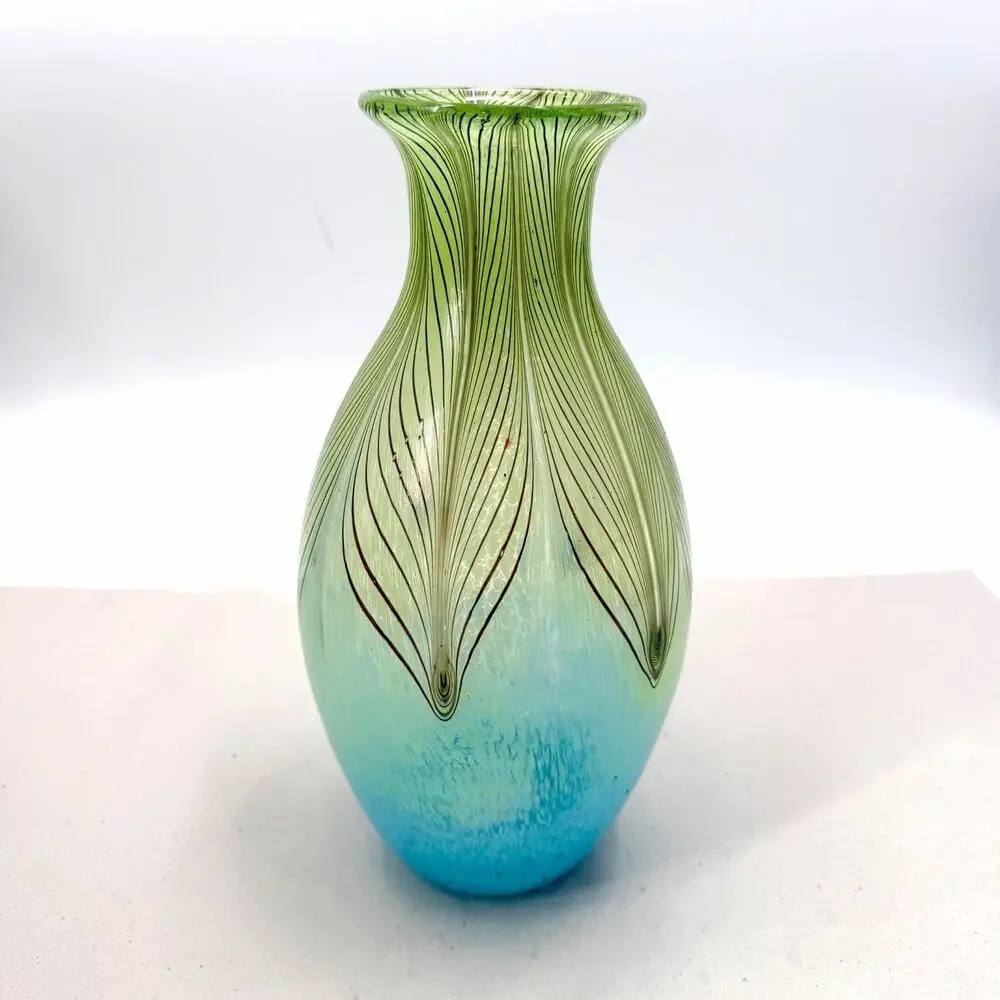 Boho Blue Green Pulled Feather Murano Style Art Glass Vase Hand Blown 12.75